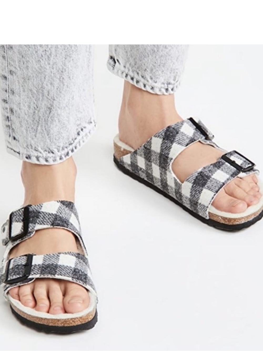 Birkenstock Arizona Shearling Sandals in Black and White Plaid Women’s Size 36
